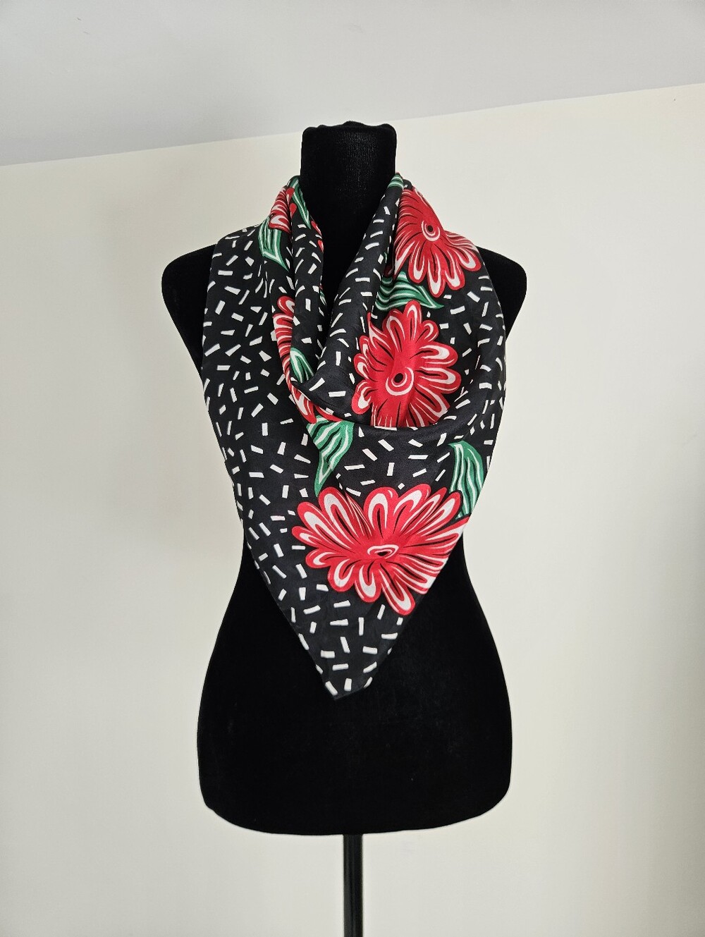 Echo Vintage Black Floral Scarf with Red Flowers